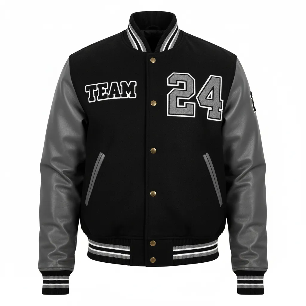 Custom Football Varsity Jacket - Black, Grey, White - Varsity Jacket Gradient Ombre - Front View - HAMCO Sports Inc.
