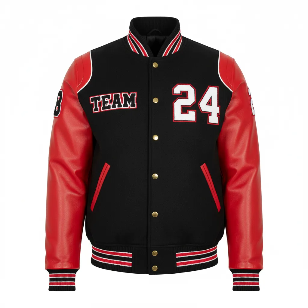 Custom Football Varsity Jacket - Black, Red, White - Varsity Jacket Tricolor - Front View - HAMCO Sports Inc.