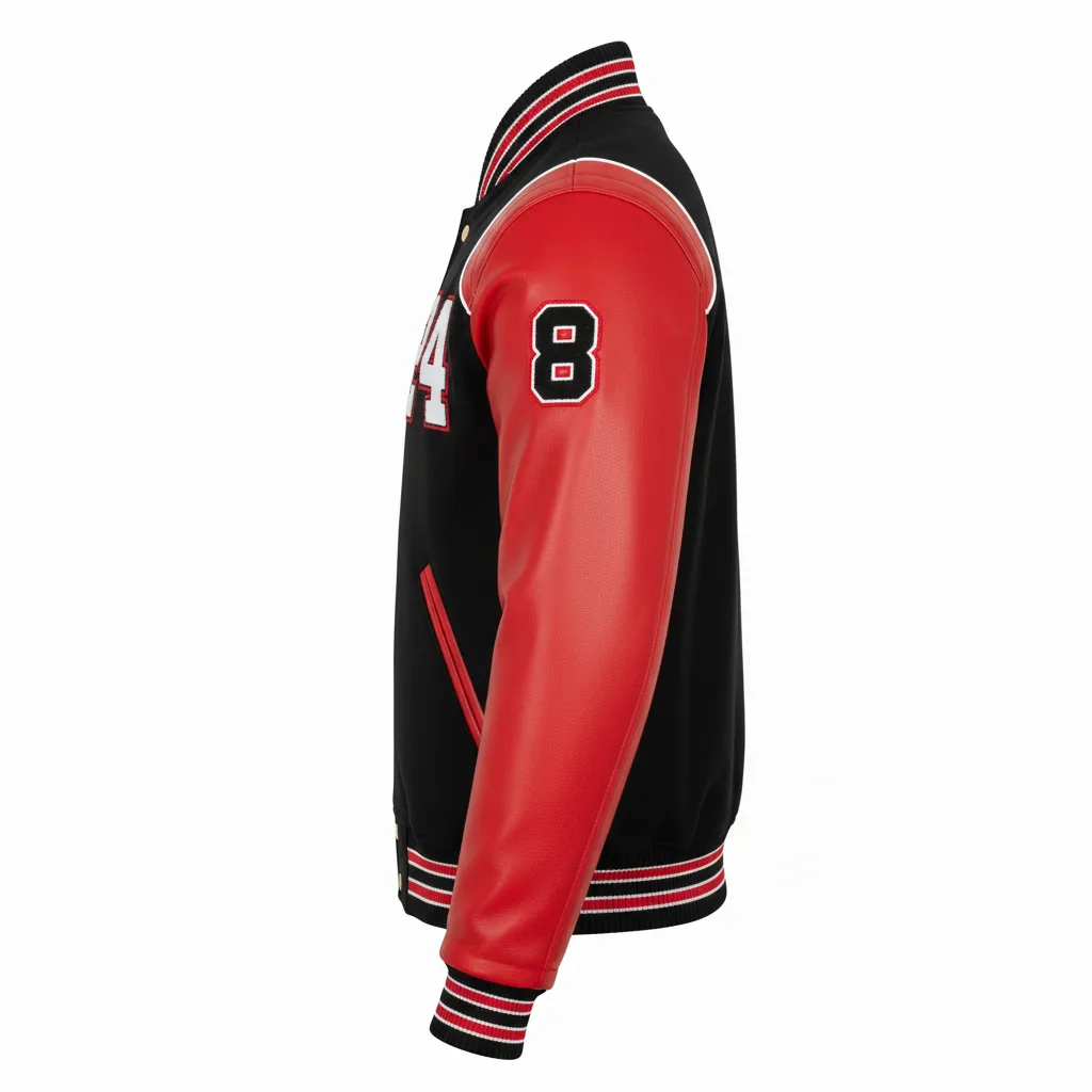 Custom Football Varsity Jacket - Black, Red, White - Varsity Jacket Tricolor - Side View - HAMCO Sports Inc.