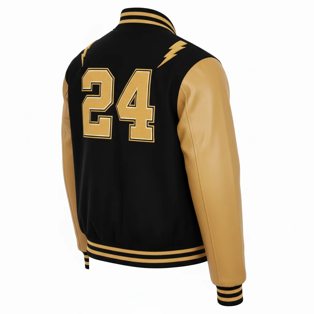 Custom Football Varsity Jacket - Black, Gold - Varsity Jacket Vegas Lightning Bolt - Back View - HAMCO Sports Inc.