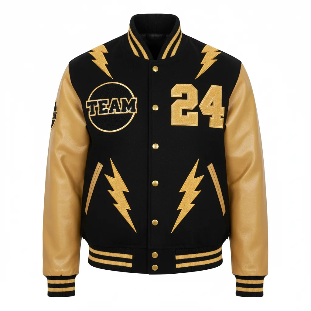 Custom Football Varsity Jacket - Black, Gold - Varsity Jacket Vegas Lightning Bolt - Front View - HAMCO Sports Inc.