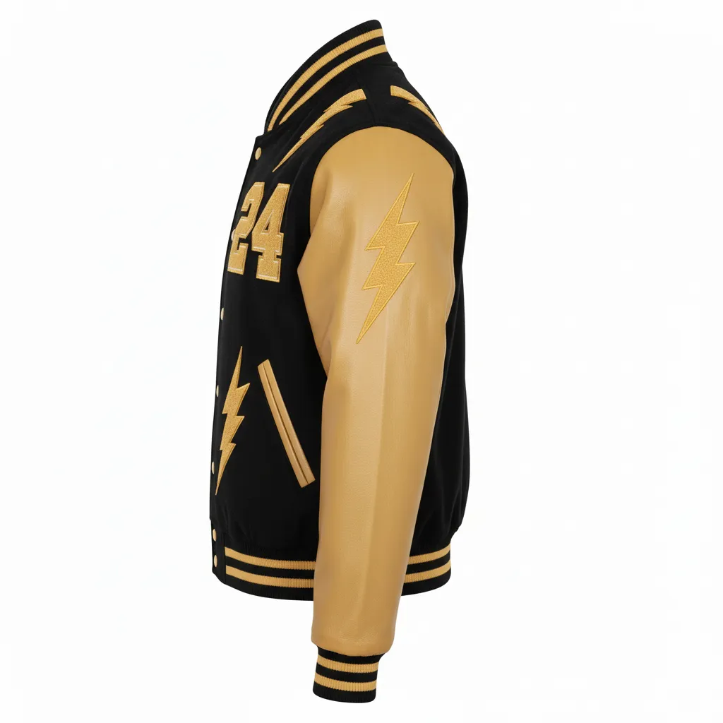 Custom Football Varsity Jacket - Black, Gold - Varsity Jacket Vegas Lightning Bolt - Side View - HAMCO Sports Inc.