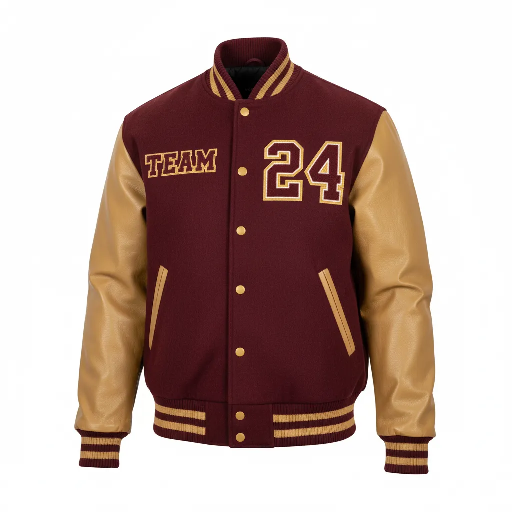 Custom Football Varsity Jacket - Burgundy, Gold - Varsity Jacket Vegas Triple Stripe - Front View - HAMCO Sports Inc.