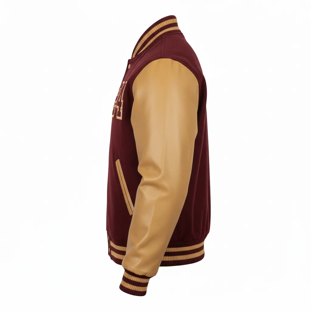 Custom Football Varsity Jacket - Burgundy, Gold - Varsity Jacket Vegas Triple Stripe - Side View - HAMCO Sports Inc.