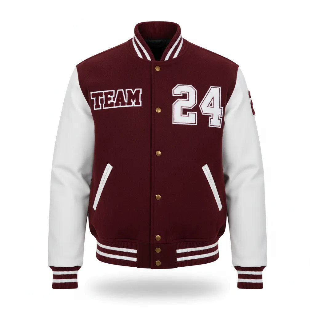 Custom Football Varsity Jacket - Burgundy, White - Varsity Jacket Halftone Dots - Front View - HAMCO Sports Inc.