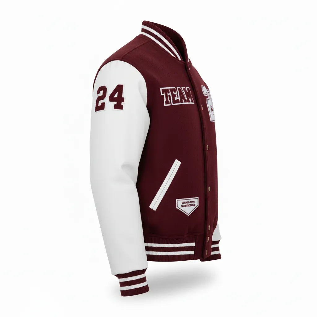 Custom Football Varsity Jacket - Burgundy, White - Varsity Jacket Halftone Dots - Side View - HAMCO Sports Inc.