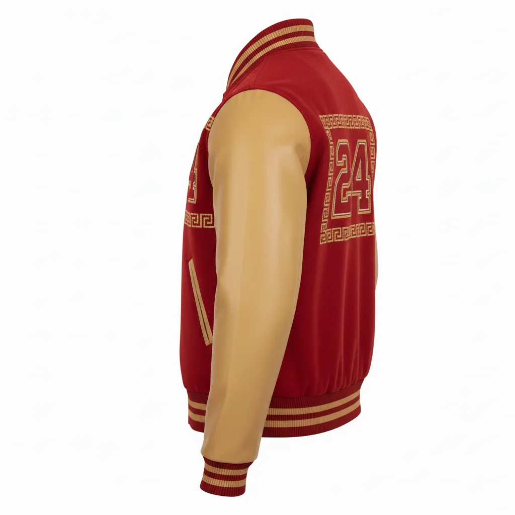 Custom Football Varsity Jacket - Gold - Varsity Jacket Cardinal Vegas Greek Key - Back View - HAMCO Sports Inc.