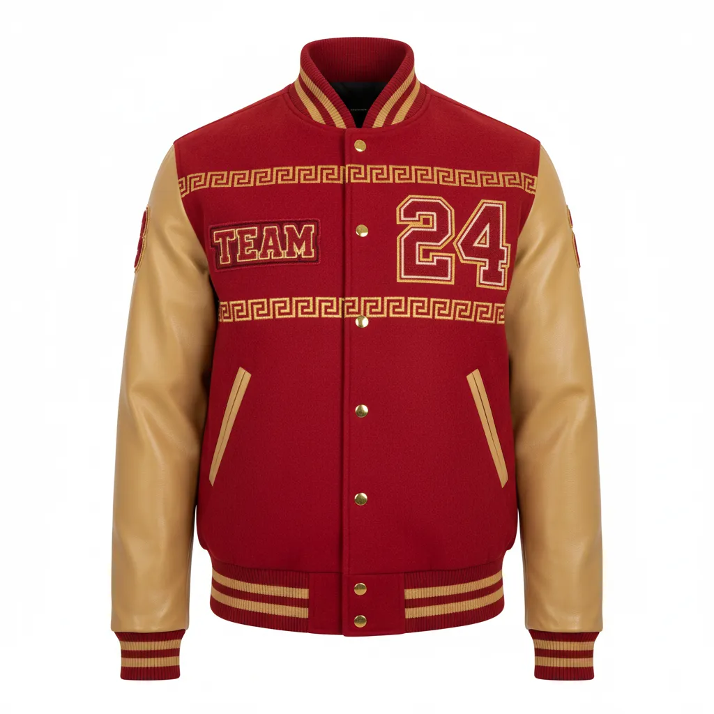 Custom Football Varsity Jacket - Gold - Varsity Jacket Cardinal Vegas Greek Key - Front View - HAMCO Sports Inc.