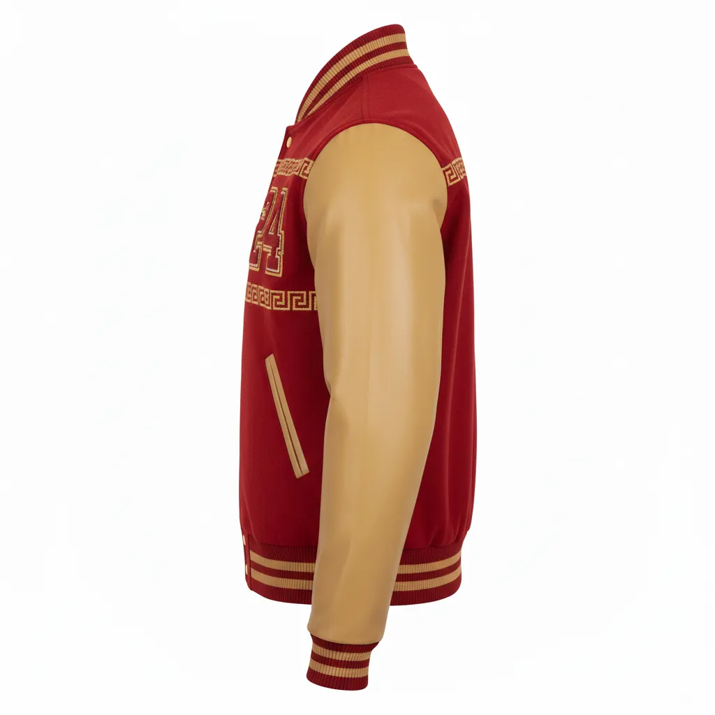 Custom Football Varsity Jacket - Gold - Varsity Jacket Cardinal Vegas Greek Key - Side View - HAMCO Sports Inc.
