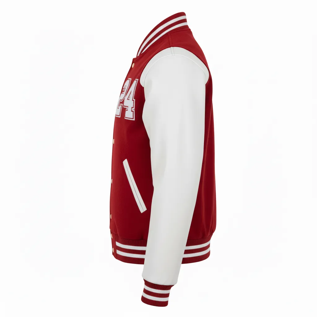 Custom Football Varsity Jacket - White - Varsity Jacket Cardinal Shoulder Hem Stripe - Back View - HAMCO Sports Inc.