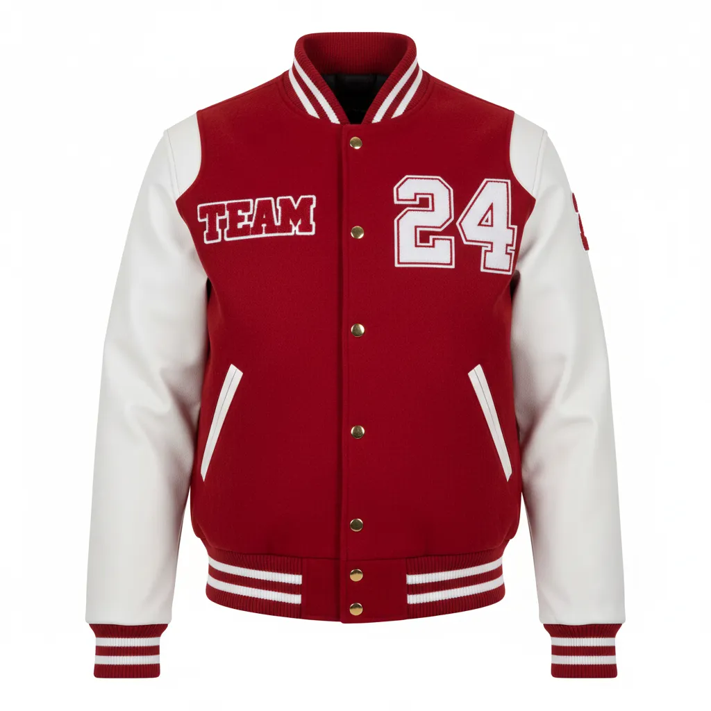 Custom Football Varsity Jacket - White - Varsity Jacket Cardinal Shoulder Hem Stripe - Front View - HAMCO Sports Inc.