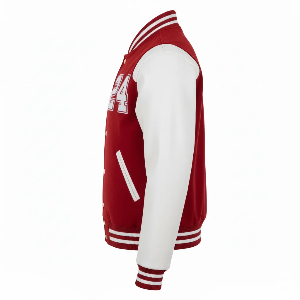 Custom Football Varsity Jacket - White - Varsity Jacket Cardinal Shoulder Hem Stripe - Side View - HAMCO Sports Inc.
