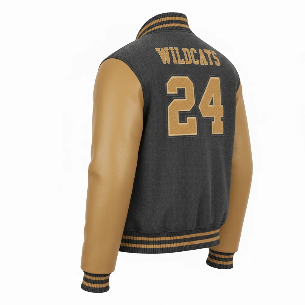 Custom Football Varsity Jacket - Gold - Varsity Jacket Charcoal Vegas Shoulder Cap - Back View - HAMCO Sports Inc.