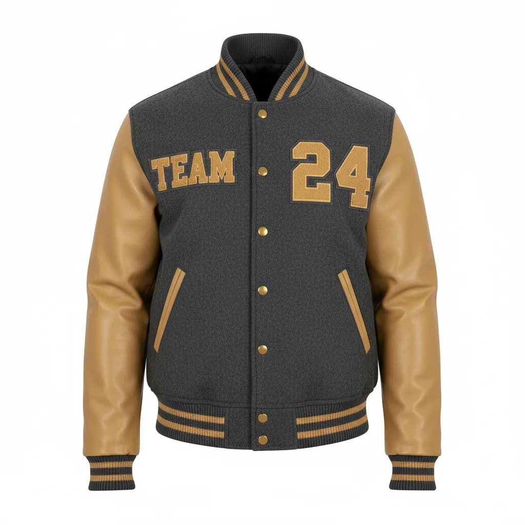 Custom Football Varsity Jacket - Gold - Varsity Jacket Charcoal Vegas Shoulder Cap - Front View - HAMCO Sports Inc.
