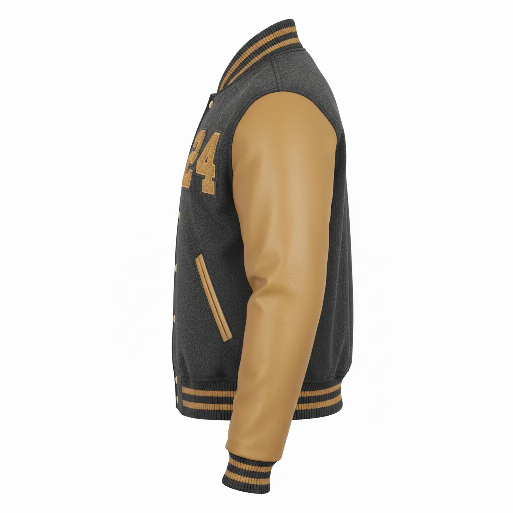 Custom Football Varsity Jacket - Gold - Varsity Jacket Charcoal Vegas Shoulder Cap - Side View - HAMCO Sports Inc.