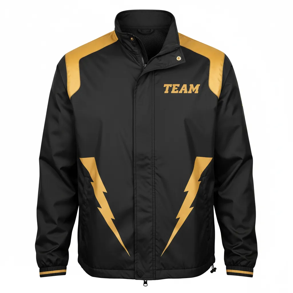 Custom Football Windbreaker - Black, Gold - Windbreaker Vegas Lightning Bolt - Front View - HAMCO Sports Inc.