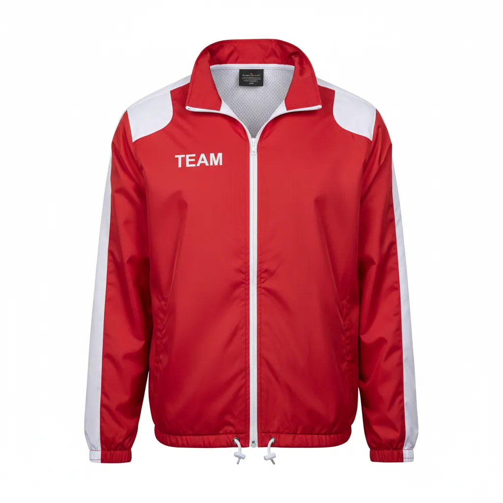 Custom Football Windbreaker - White - Windbreaker Cardinal Shoulder Hem Stripe - Front View - HAMCO Sports Inc.