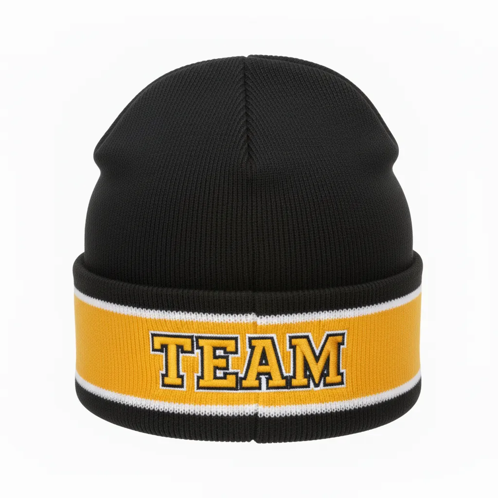 Custom Ice Hockey Beanie - Black, Gold, White - Front View - HAMCO Sports Inc.