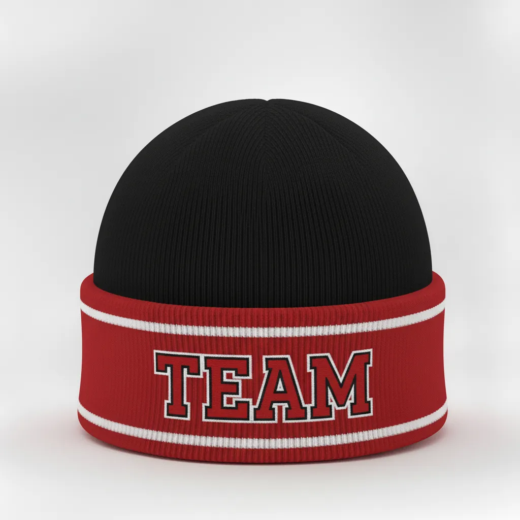Custom Ice Hockey Beanie - Black, Red, White - Front View - HAMCO Sports Inc.