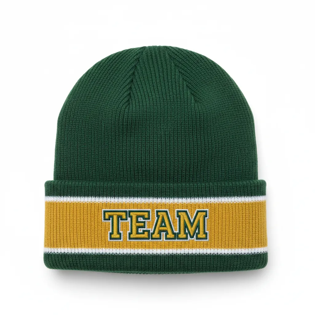 Custom Ice Hockey Beanie - Gold, White - Forest - Front View - HAMCO Sports Inc.