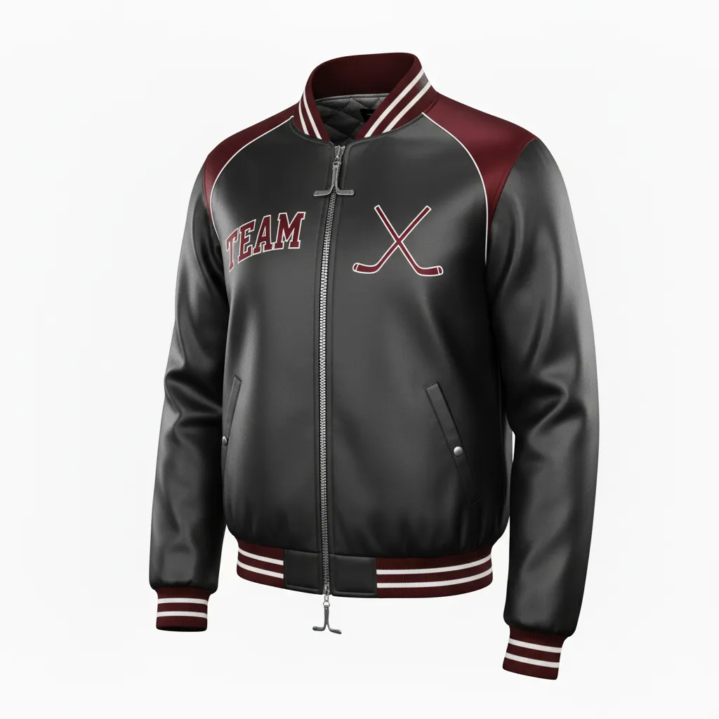 Custom Ice Hockey Bomber Jacket - Black, Red, White - Front View - HAMCO Sports Inc.