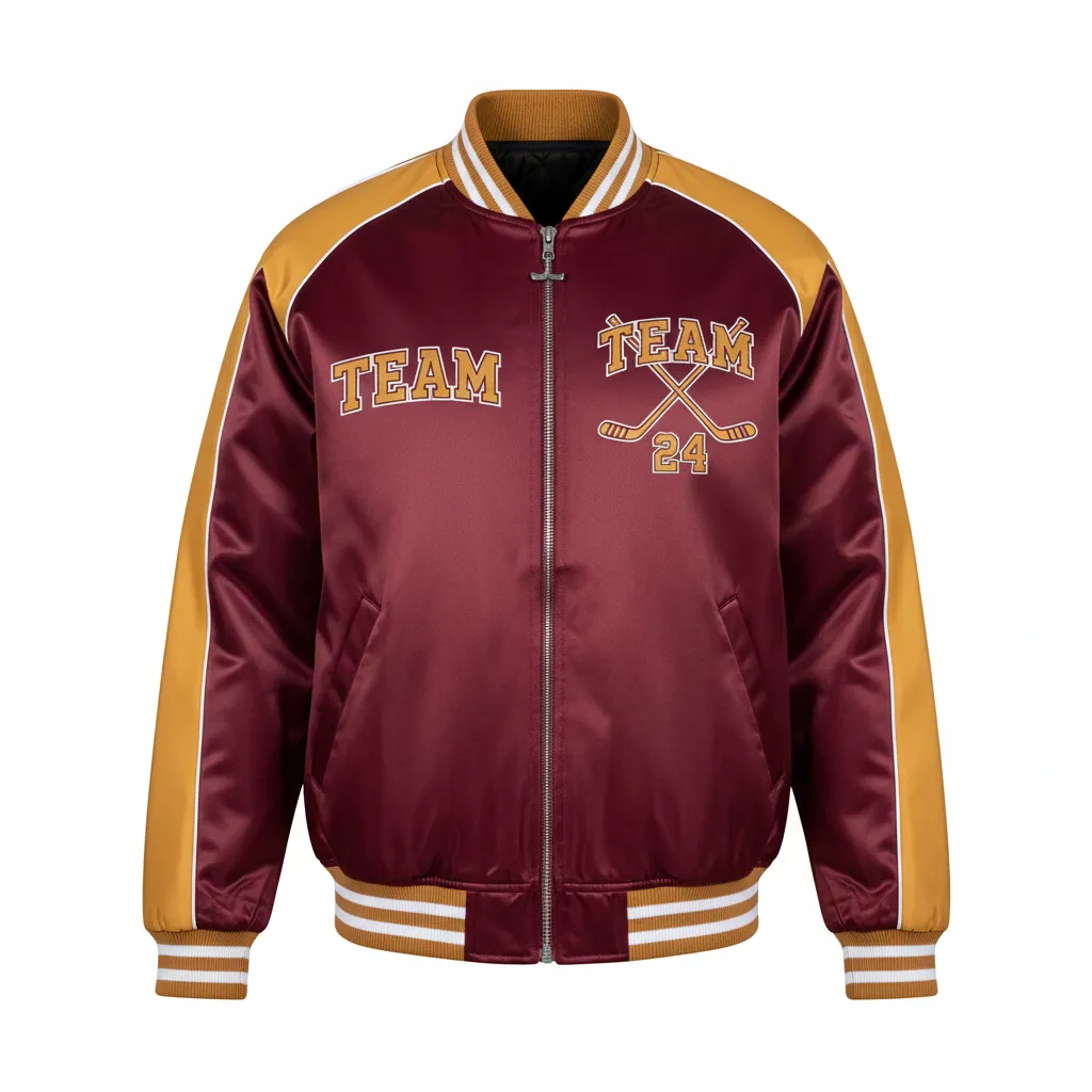 Custom Ice Hockey Bomber Jacket - Burgundy, Gold, White - Front View - HAMCO Sports Inc.