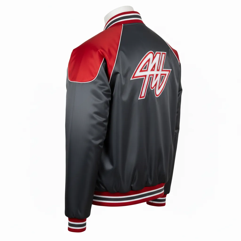 Custom Ice Hockey Bomber Jacket - Red, White - Charcoal - Back View - HAMCO Sports Inc.