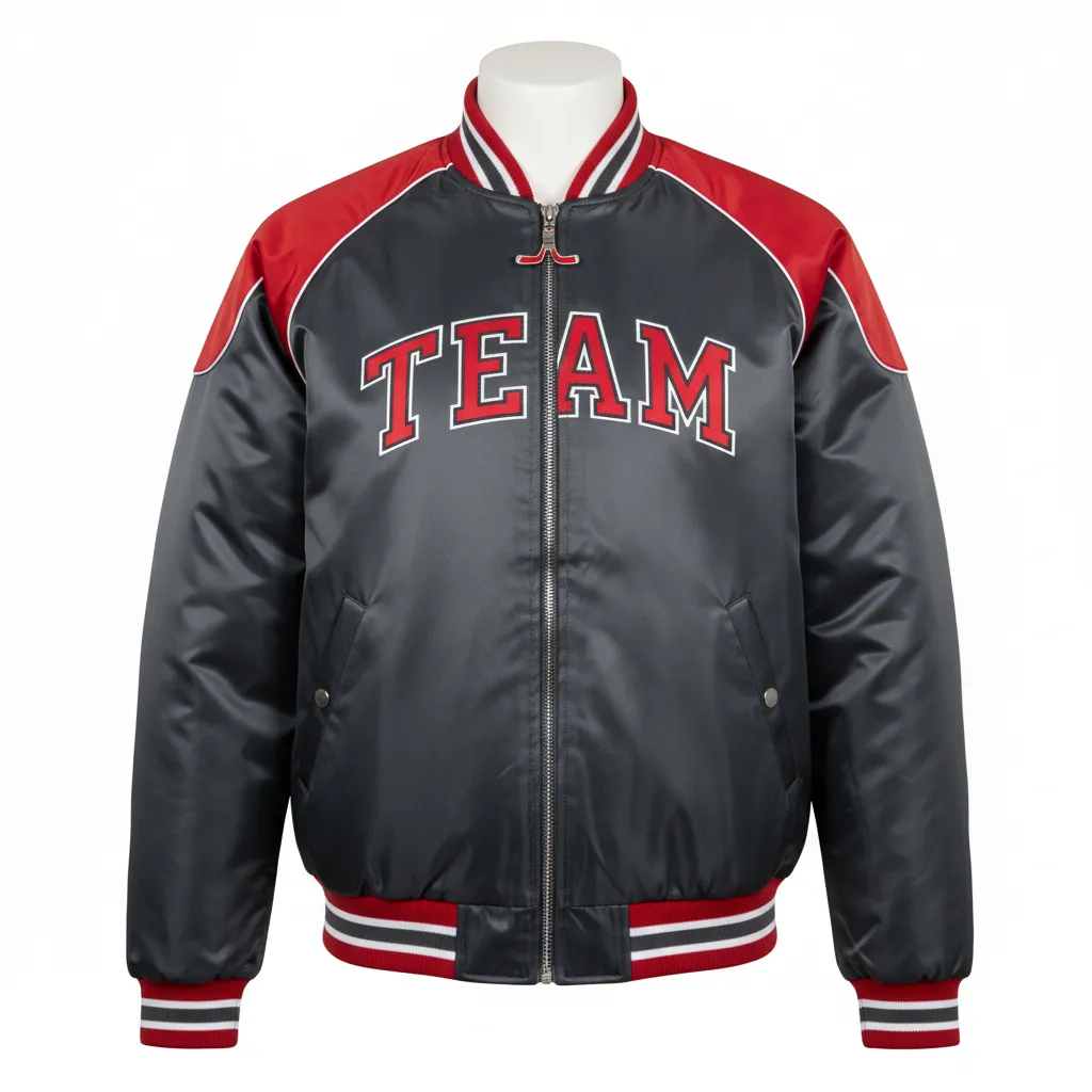 Custom Ice Hockey Bomber Jacket - Red, White - Charcoal - Front View - HAMCO Sports Inc.