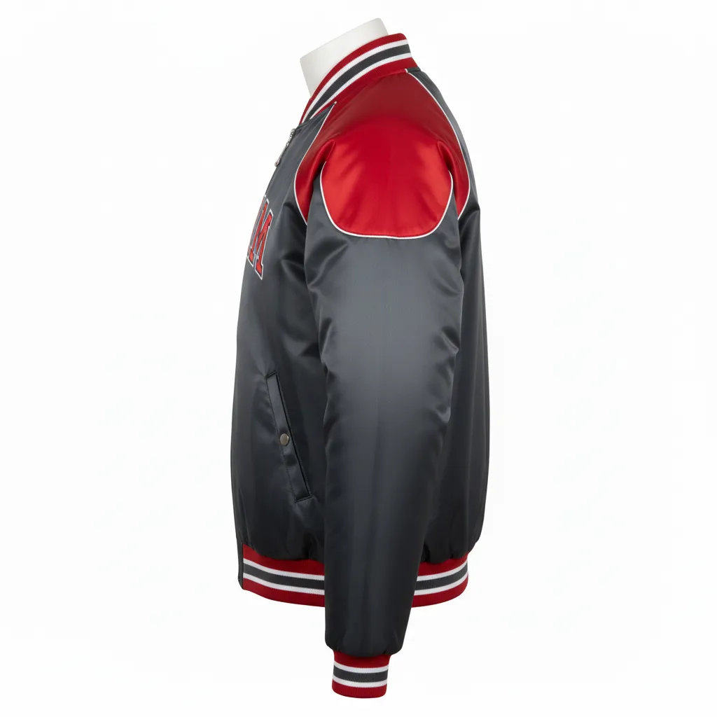Custom Ice Hockey Bomber Jacket - Red, White - Charcoal - Side View - HAMCO Sports Inc.