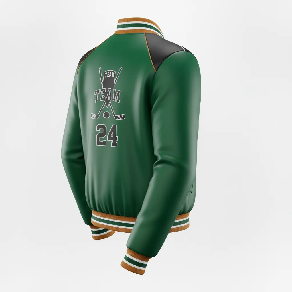 Custom Ice Hockey Bomber Jacket - Black, Gold - Forest - Back View - HAMCO Sports Inc.