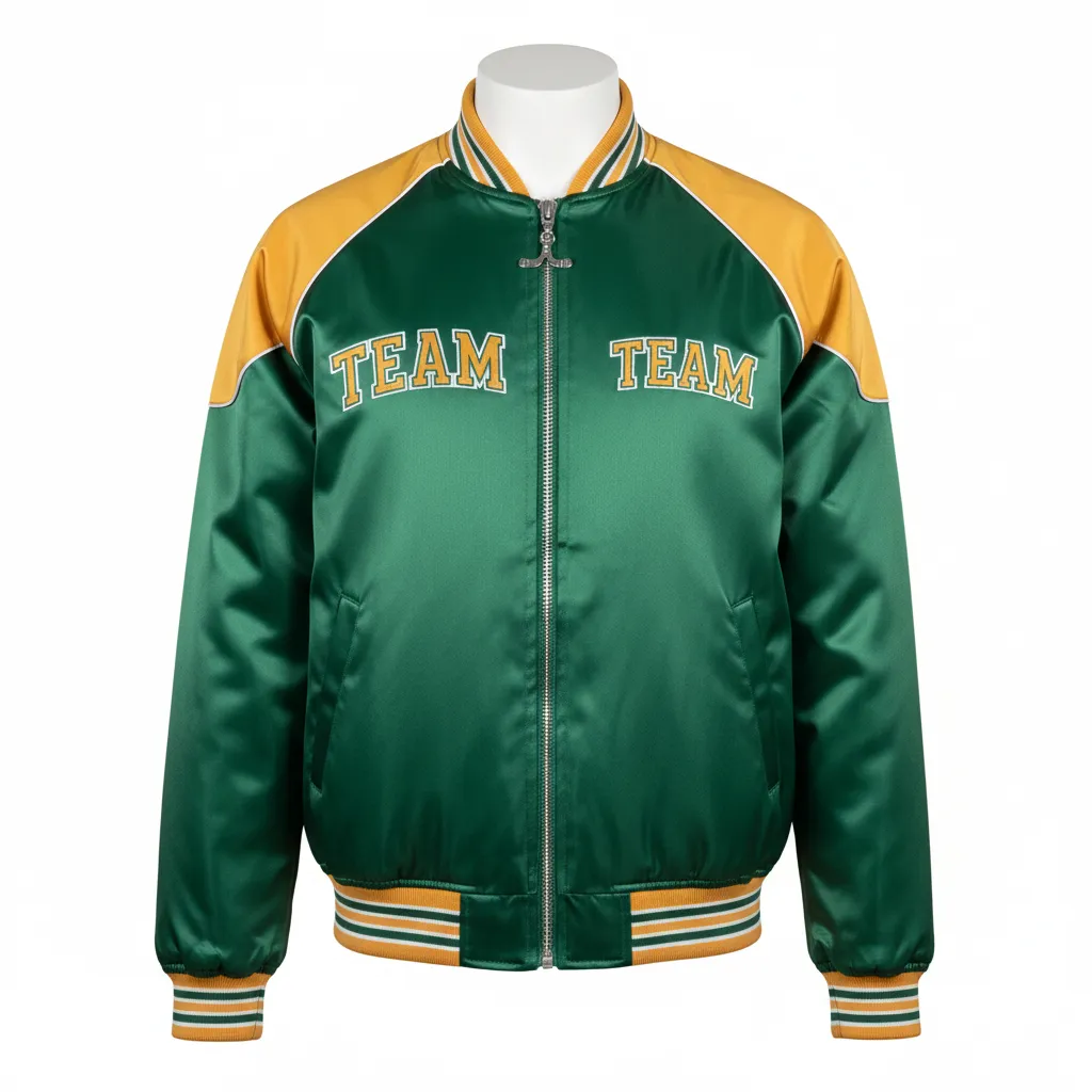 Custom Ice Hockey Bomber Jacket - Gold, White - Forest - Front View - HAMCO Sports Inc.