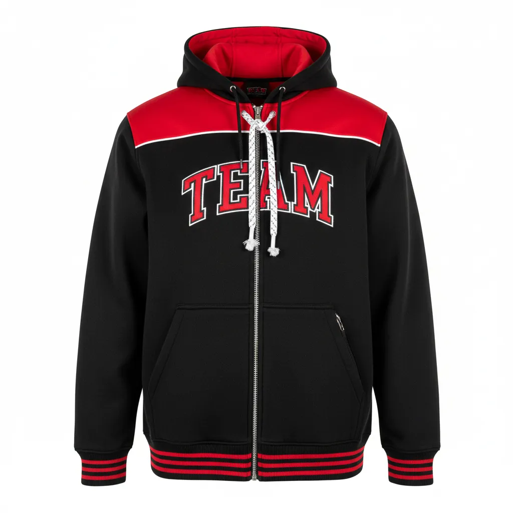 Custom Ice Hockey Full Zip Hoodie - Black, Red, White - Front View - HAMCO Sports Inc.