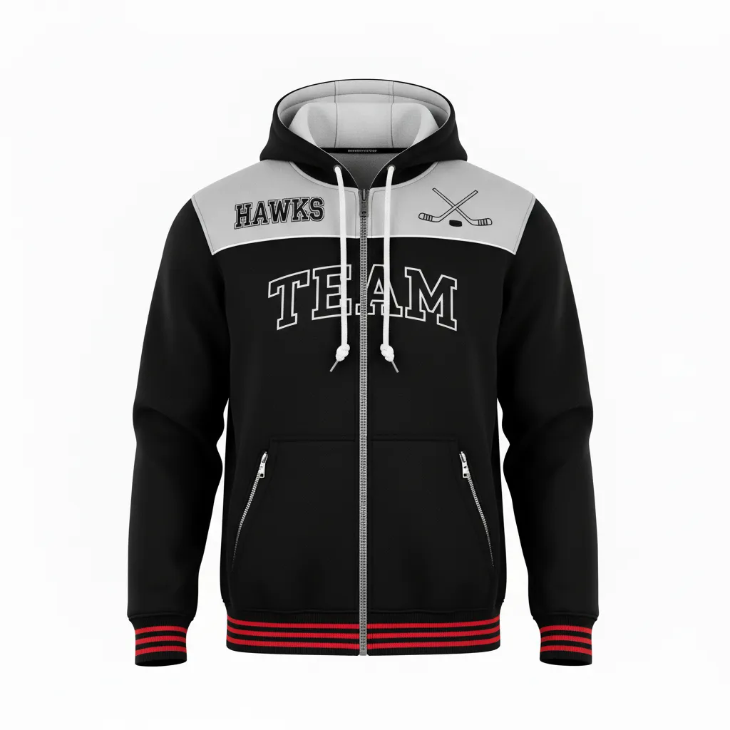 Custom Ice Hockey Full Zip Hoodie - Black, Silver, White - Front View - HAMCO Sports Inc.