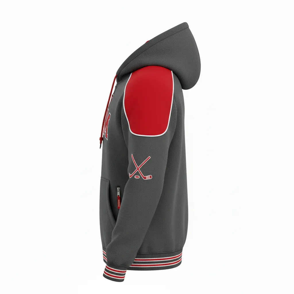 Custom Ice Hockey Full Zip Hoodie - Red, White - Charcoal - Side View - HAMCO Sports Inc.