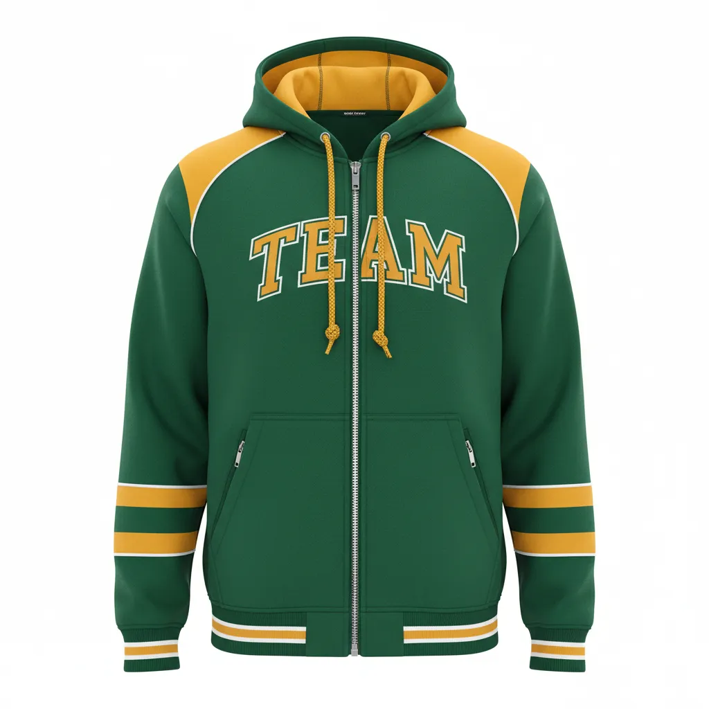 Custom Ice Hockey Full Zip Hoodie - Gold, White - Forest - Front View - HAMCO Sports Inc.