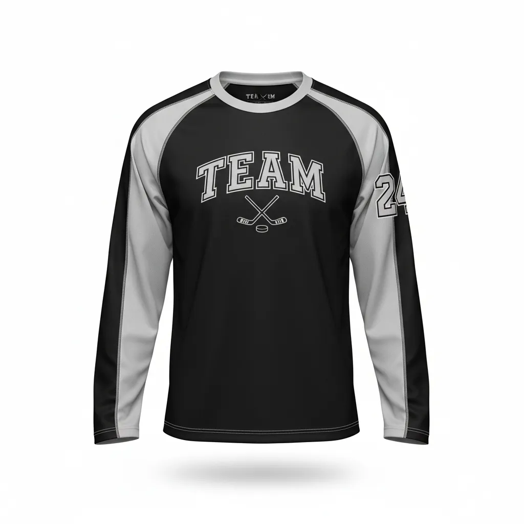 Custom Ice Hockey Long Sleeve T Shirt - Black, Silver, White - Front View - HAMCO Sports Inc.