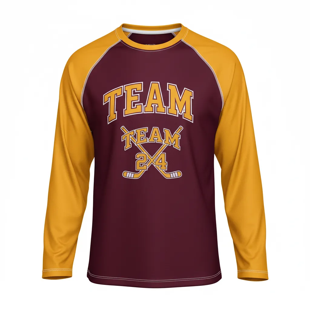 Custom Ice Hockey Long Sleeve T Shirt - Burgundy, Gold, White - Front View - HAMCO Sports Inc.