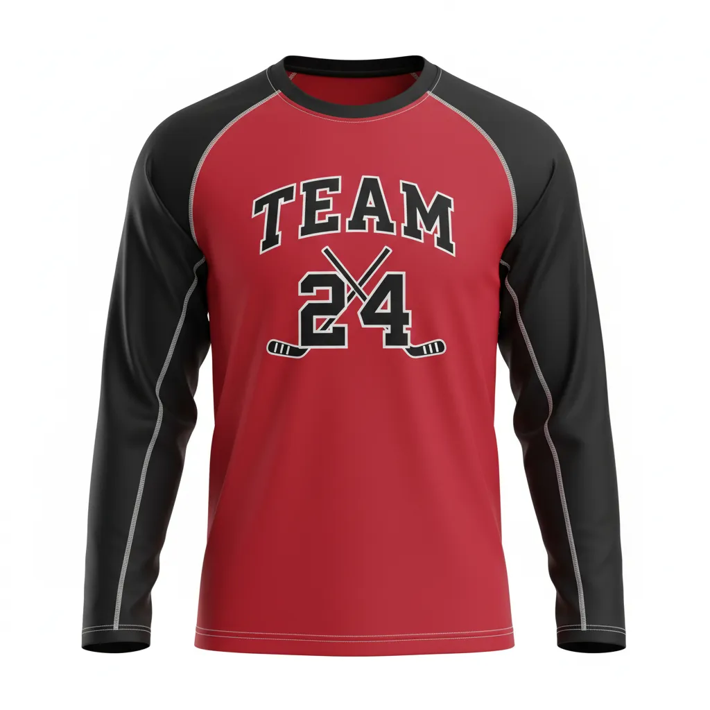 Custom Ice Hockey Long Sleeve T Shirt - Black, White - Cardinal - Front View - HAMCO Sports Inc.