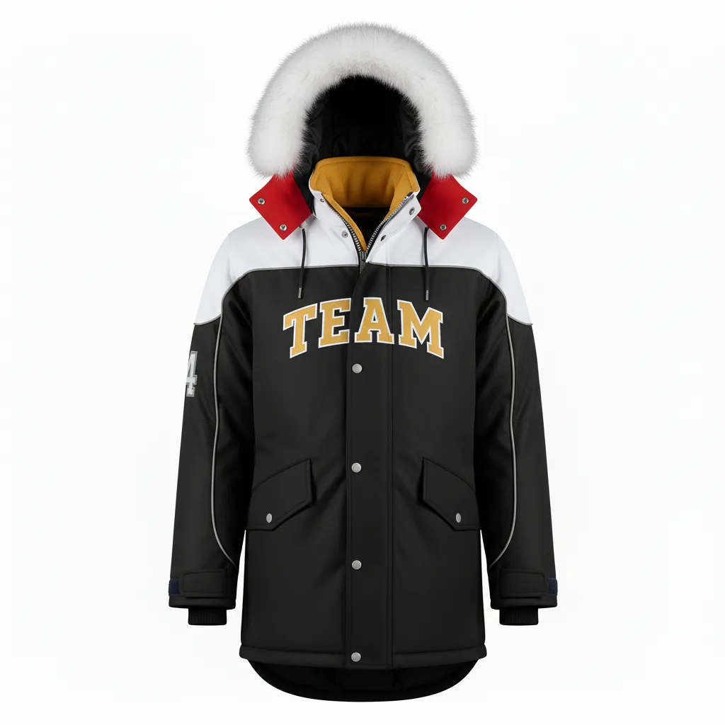 Custom Ice Hockey Parka Winter Jacket - Black, Gold, White - Front View - HAMCO Sports Inc.