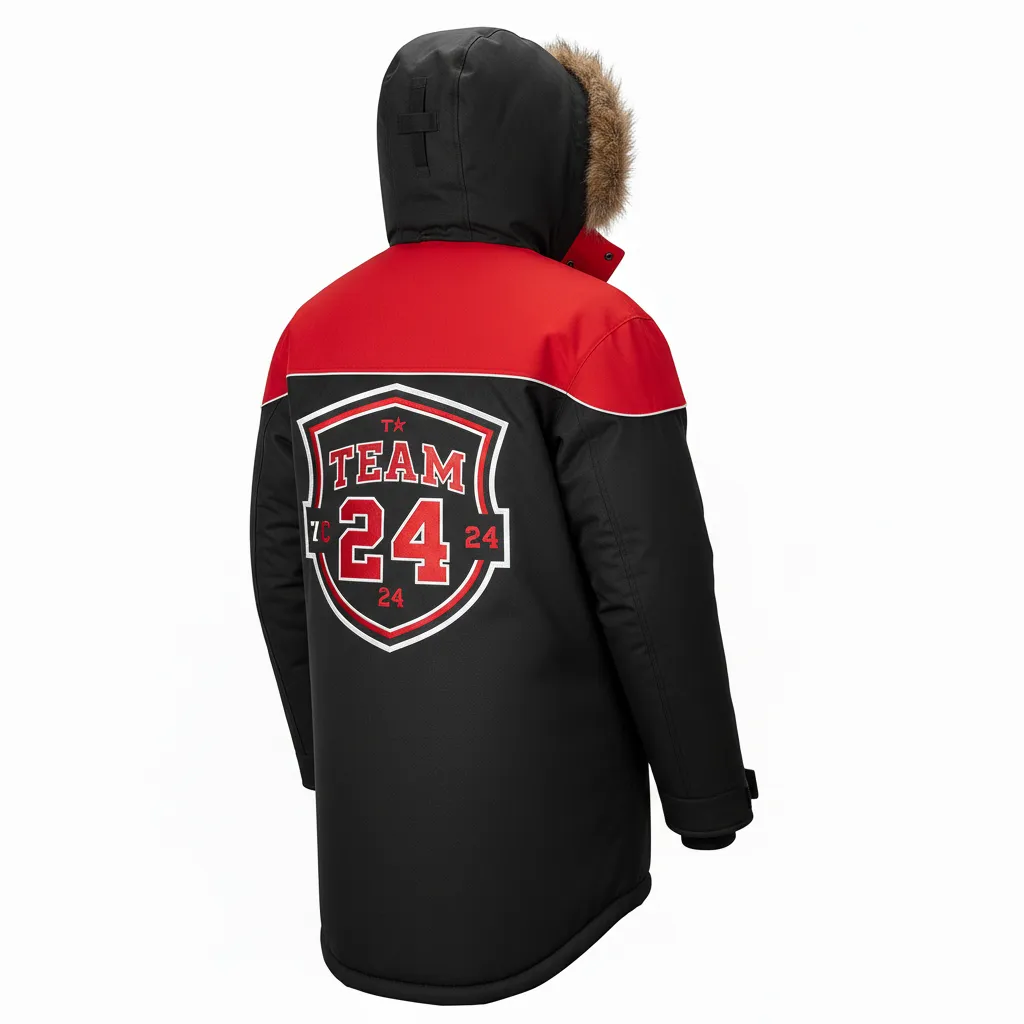 Custom Ice Hockey Parka Winter Jacket - Black, Red, White - Back View - HAMCO Sports Inc.