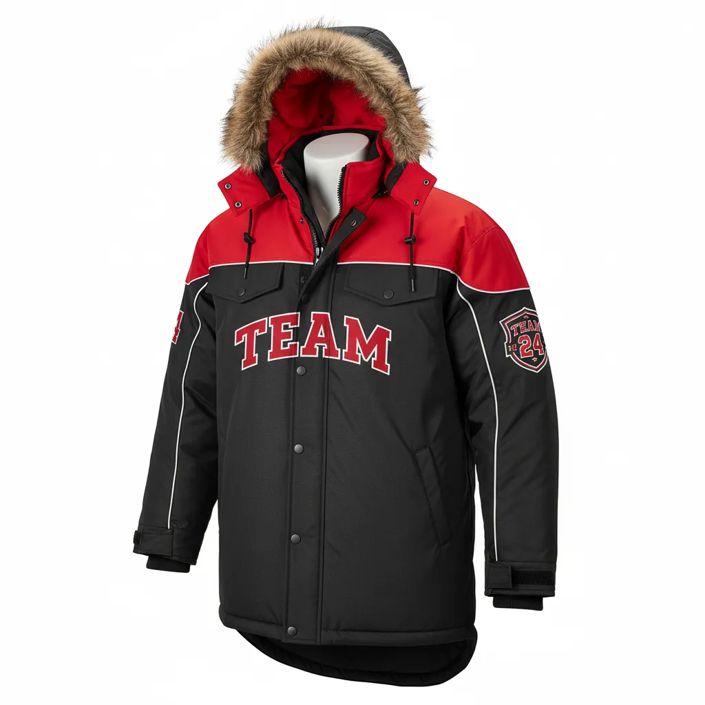 Custom Ice Hockey Parka Winter Jacket - Black, Red, White - Front View - HAMCO Sports Inc.