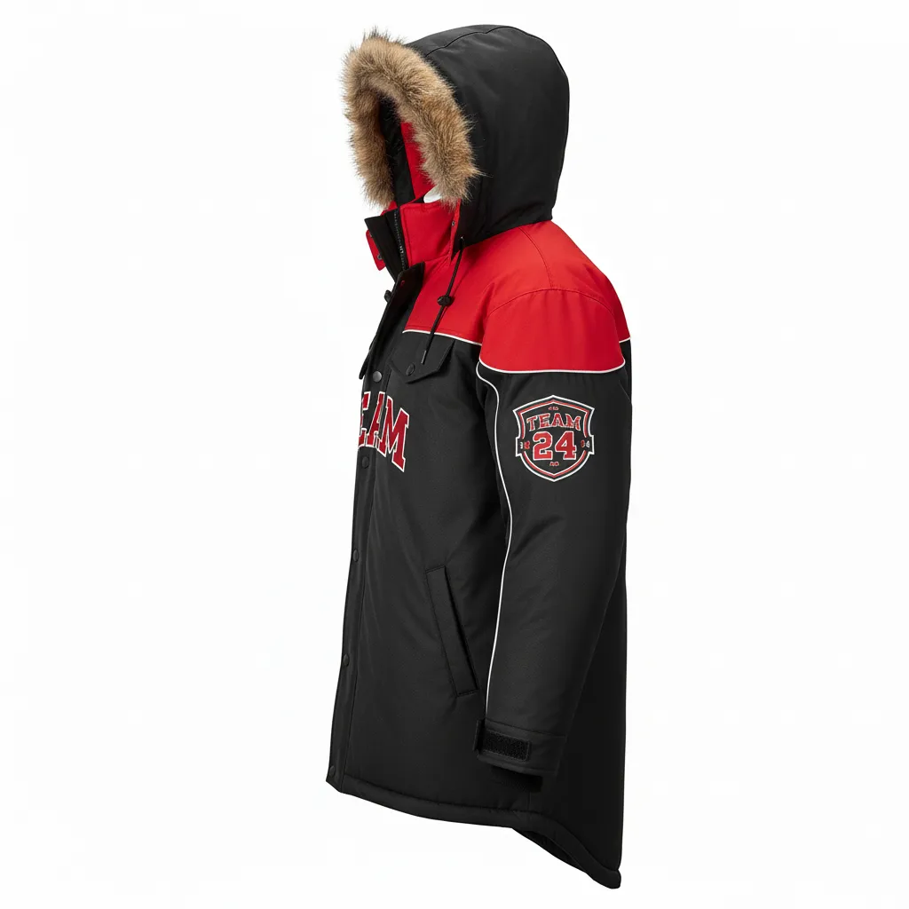 Custom Ice Hockey Parka Winter Jacket - Black, Red, White - Side View - HAMCO Sports Inc.