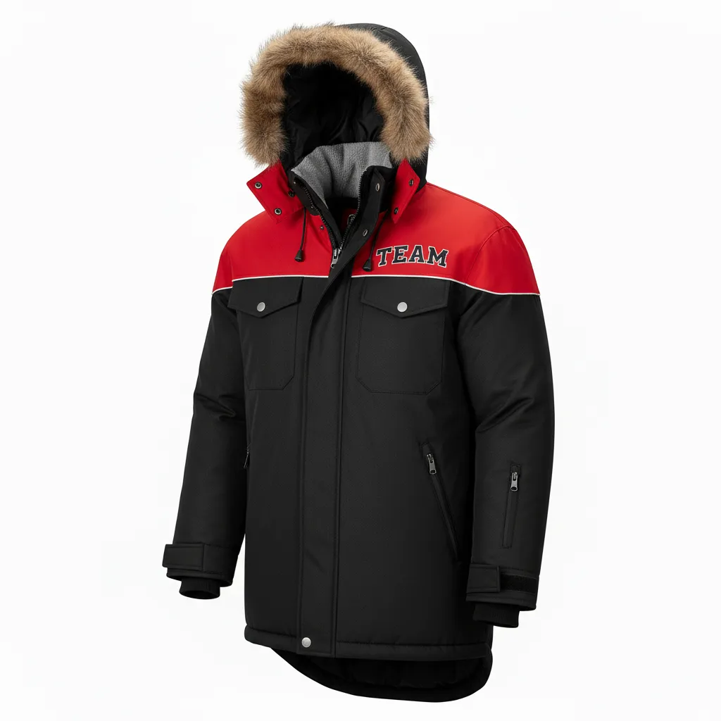 Custom Ice Hockey Parka Winter Jacket - Black, Silver, White - Front View - HAMCO Sports Inc.