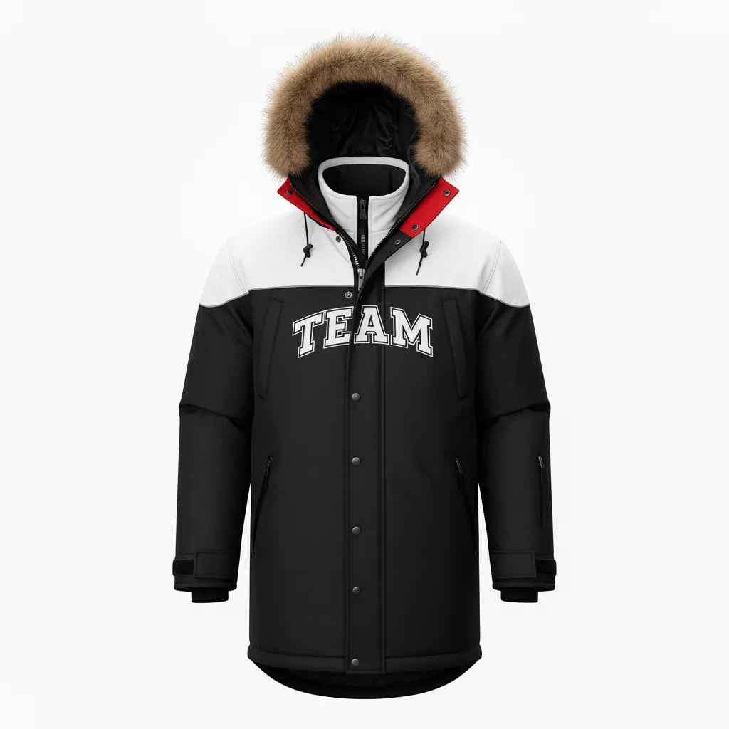 Custom Ice Hockey Parka Winter Jacket - Black, White, Grey - Front View - HAMCO Sports Inc.