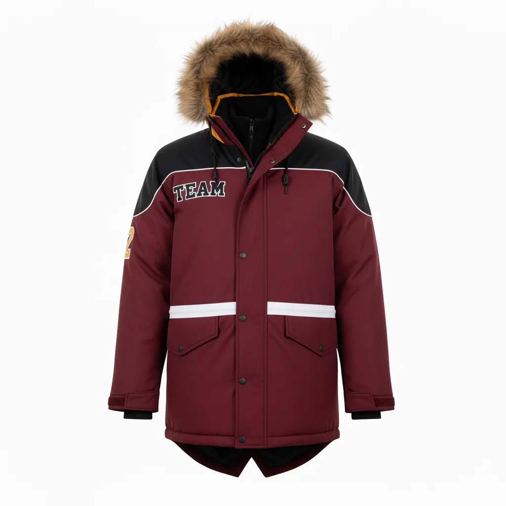 Custom Ice Hockey Parka Winter Jacket - Black, White - Cardinal - Front View - HAMCO Sports Inc.