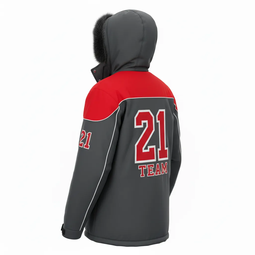 Custom Ice Hockey Parka Winter Jacket - Red, White - Charcoal - Back View - HAMCO Sports Inc.