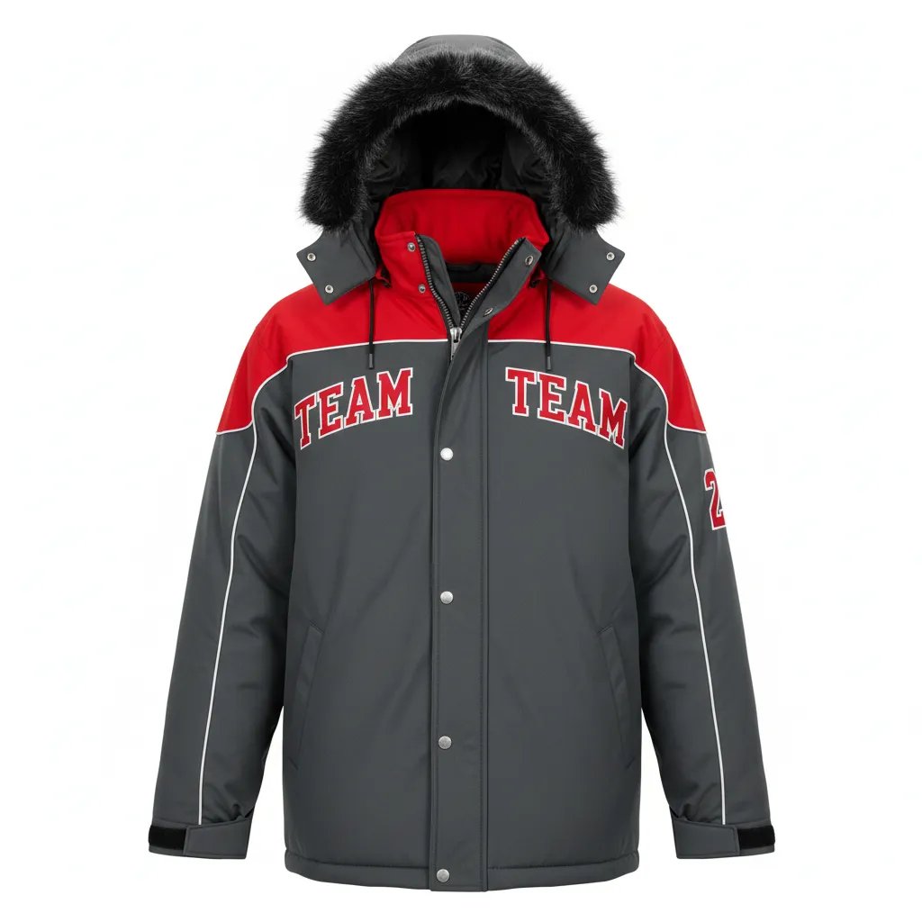Custom Ice Hockey Parka Winter Jacket - Red, White - Charcoal - Front View - HAMCO Sports Inc.