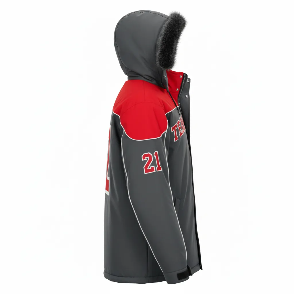 Custom Ice Hockey Parka Winter Jacket - Red, White - Charcoal - Side View - HAMCO Sports Inc.