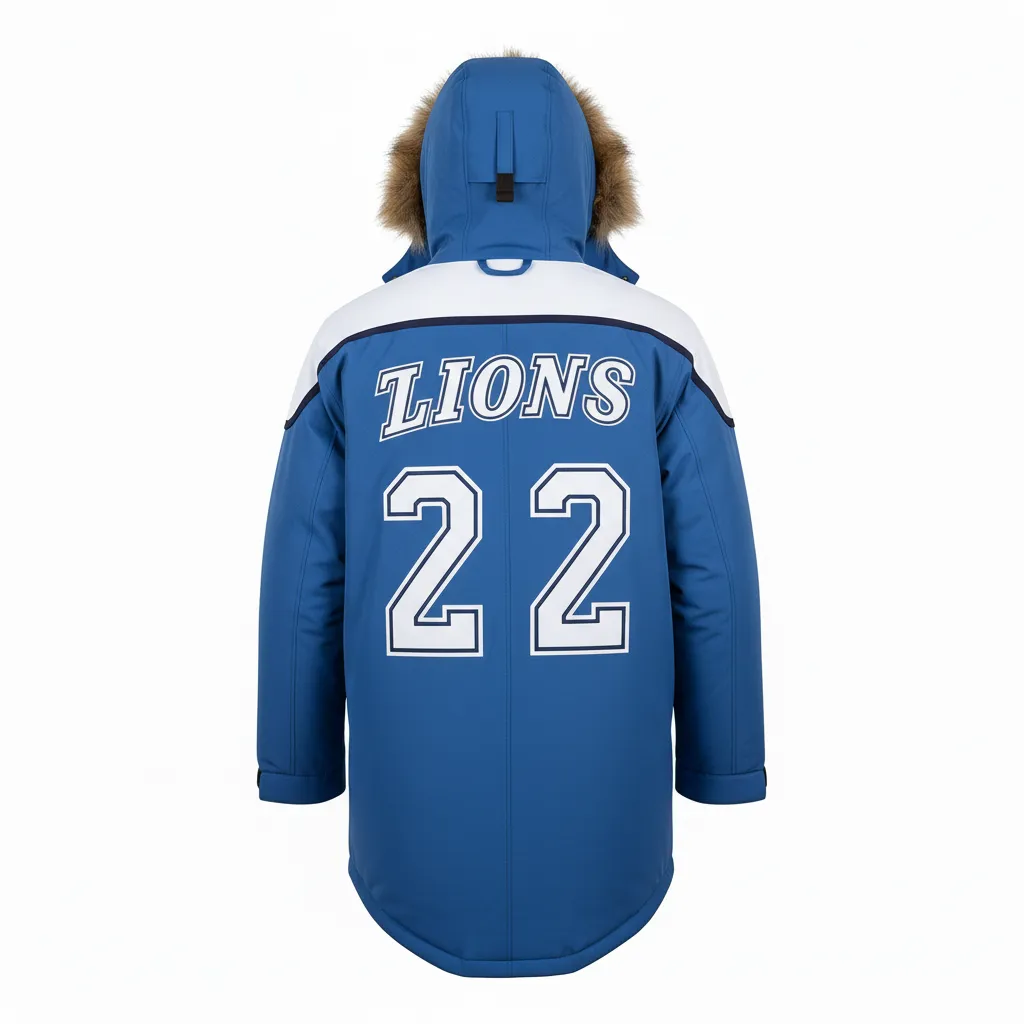 Custom Ice Hockey Parka Winter Jacket - White, Navy - Columbia - Back View - HAMCO Sports Inc.