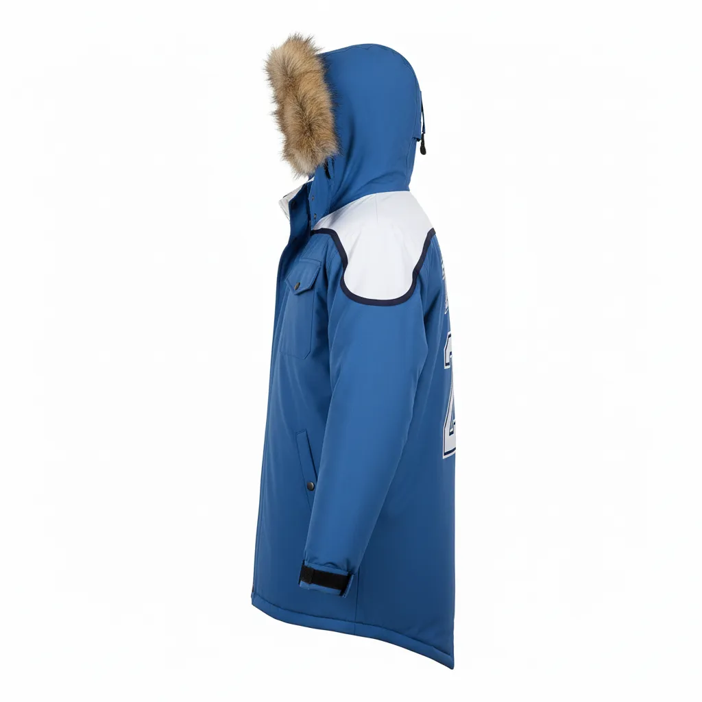 Custom Ice Hockey Parka Winter Jacket - White, Navy - Columbia - Side View - HAMCO Sports Inc.